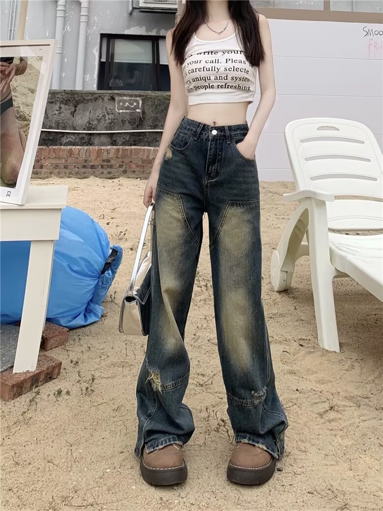 美式復古水洗做舊牛仔褲男女寬鬆bf顯瘦高腰直筒拖地褲子
