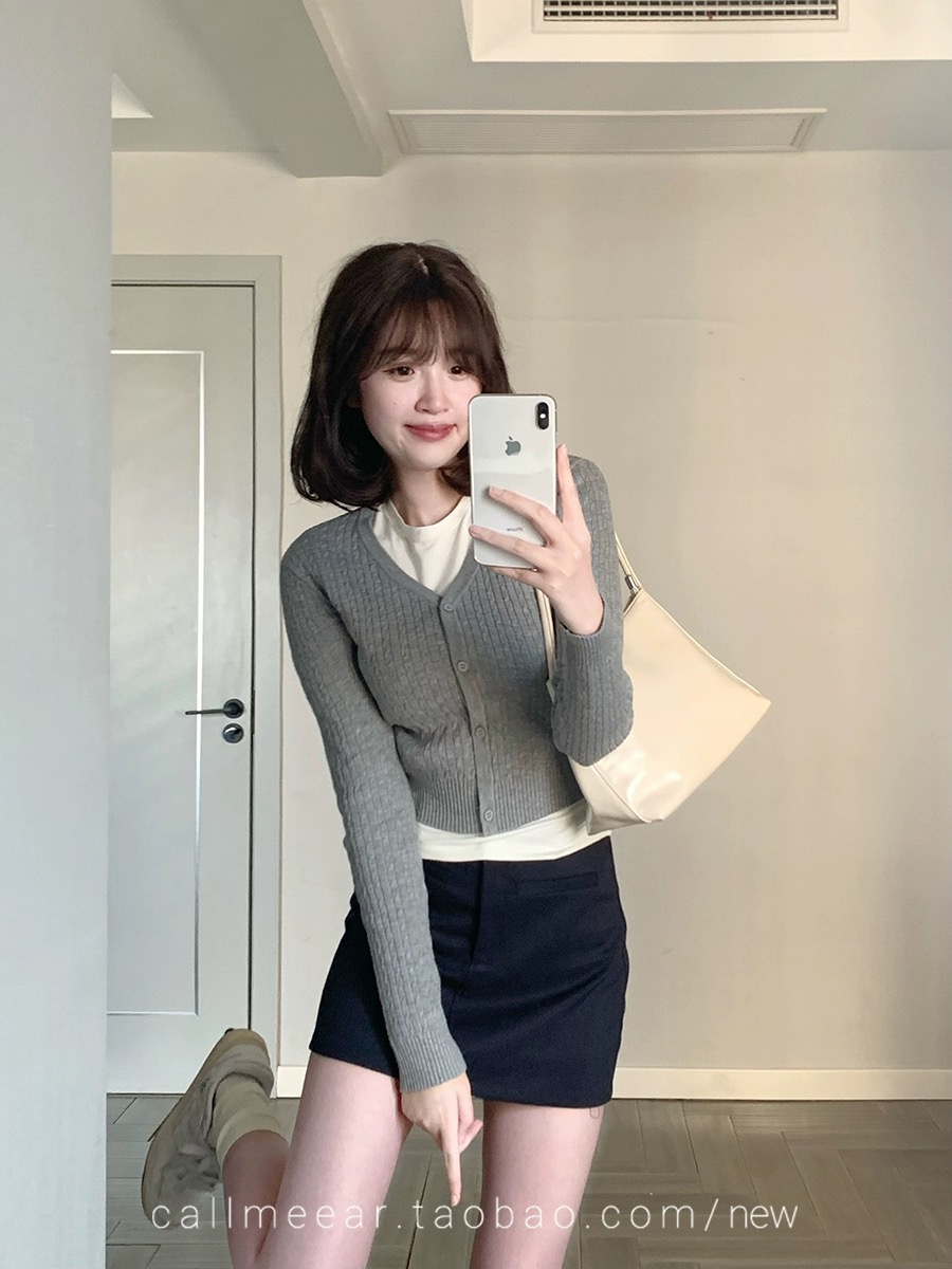CallmeEar//氧氣少女韓系簡約短款針織衫女初春長袖小開衫