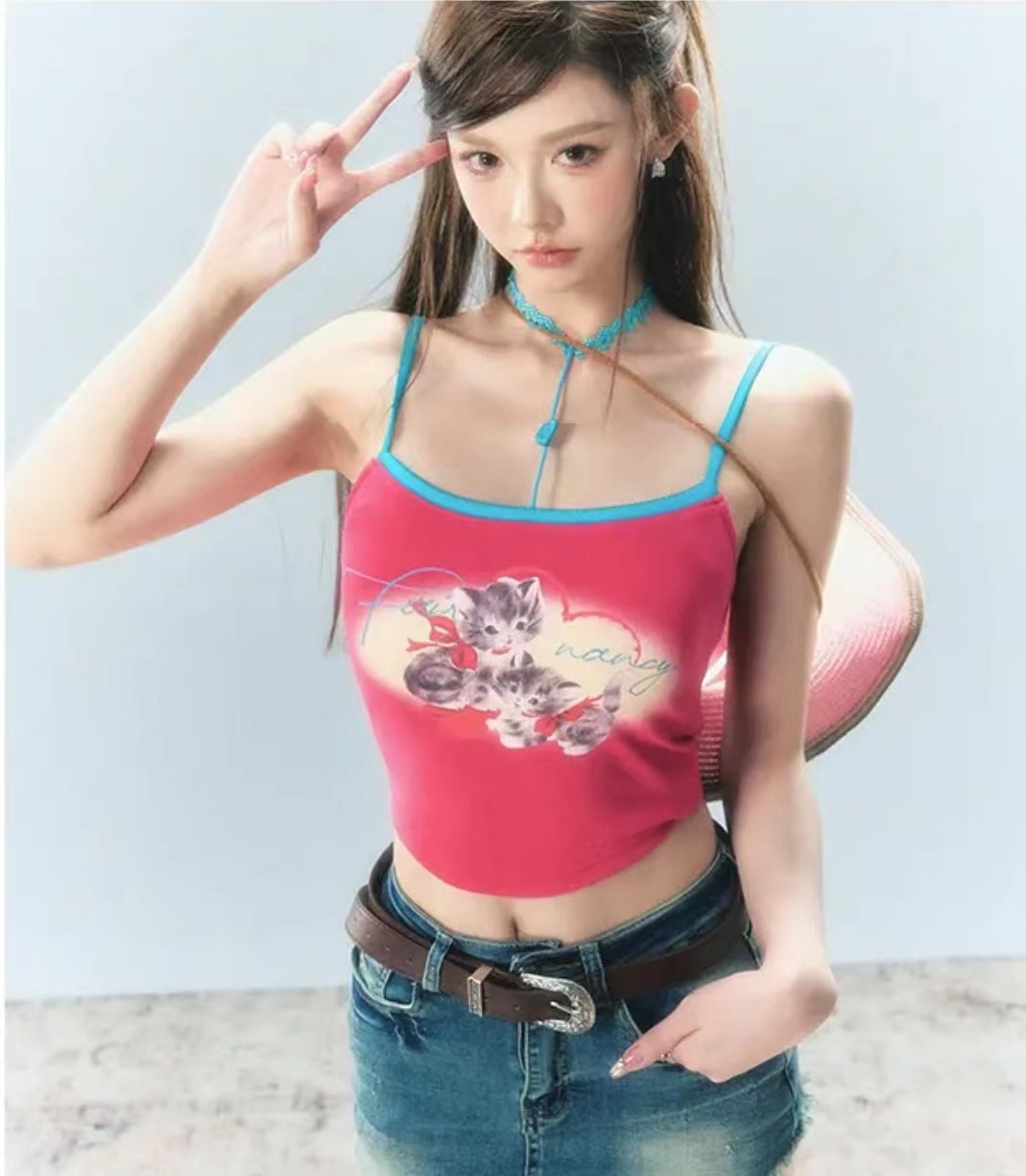 已出貨 韓系甜辣妹貓咪印花拼接顯瘦吊帶背心短款上衣