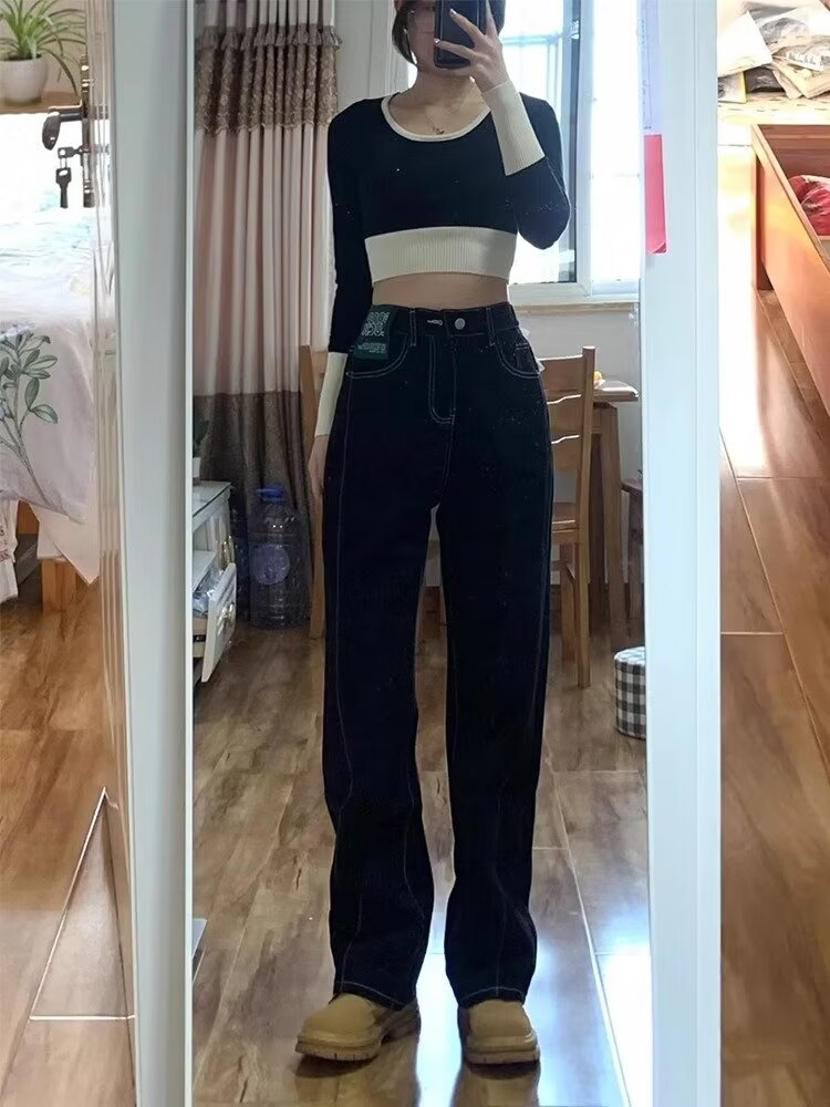 高腰直筒牛仔褲女黑色秋季新款大碼胖mm寬鬆顯瘦加長闊腿褲子