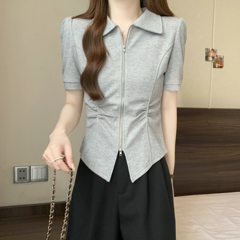 實拍  純滌新氨棉 2024夏裝短袖T恤女拉鏈polo領設計感