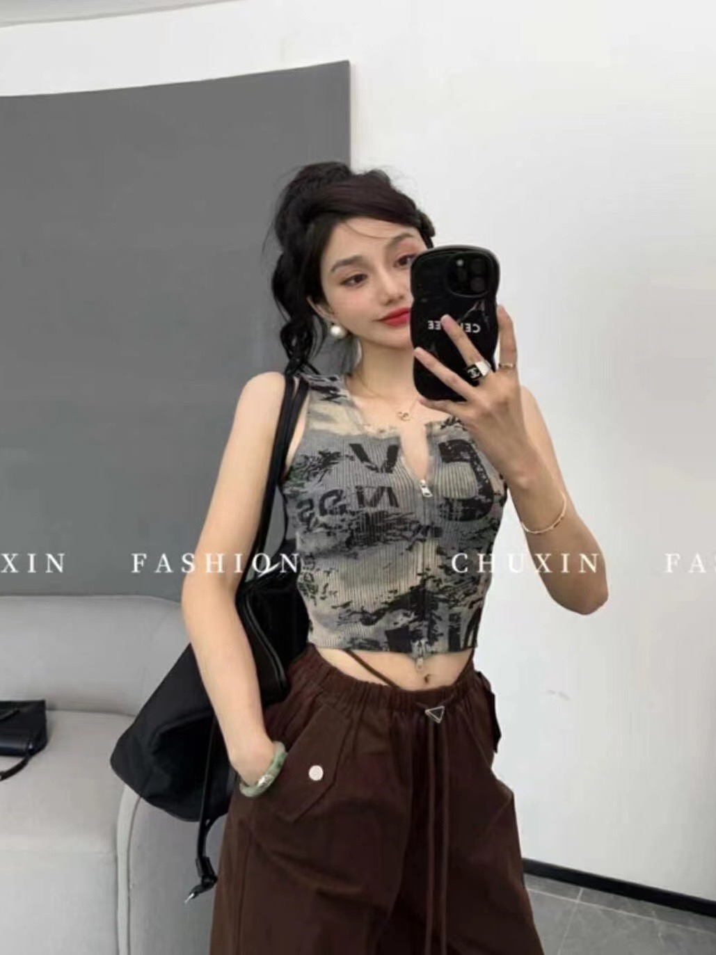 復古字母暈染背心女夏季歐美辣妹ins潮牌拼接扣針短款拉鏈上衣