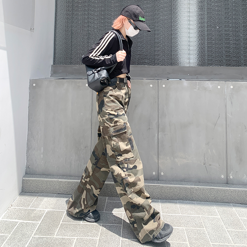 2024春夏美式高街寬鬆長褲迷彩工裝褲男女vibe風休閒褲直筒潮
