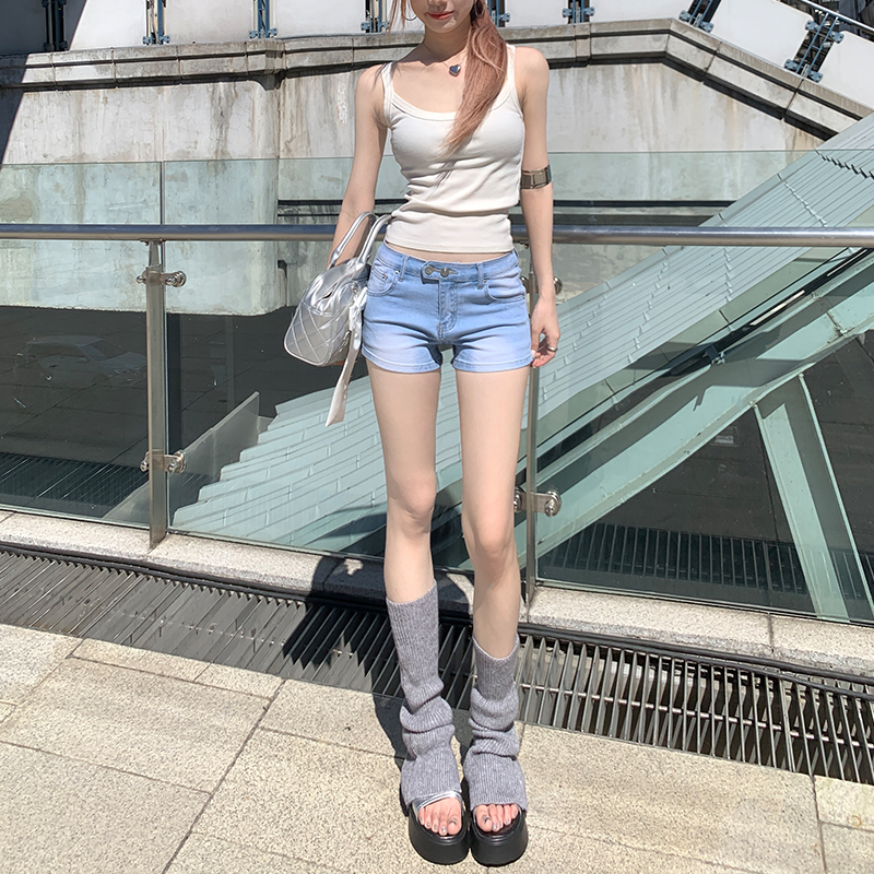 2024新款韓系牛仔夏日短褲低腰雙扣彈力舒適短褲女美式辣妹熱褲子