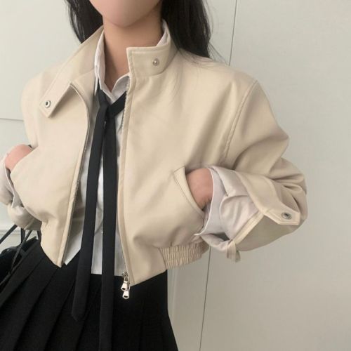 韩国chic设计感 春日短款收腰皮衣