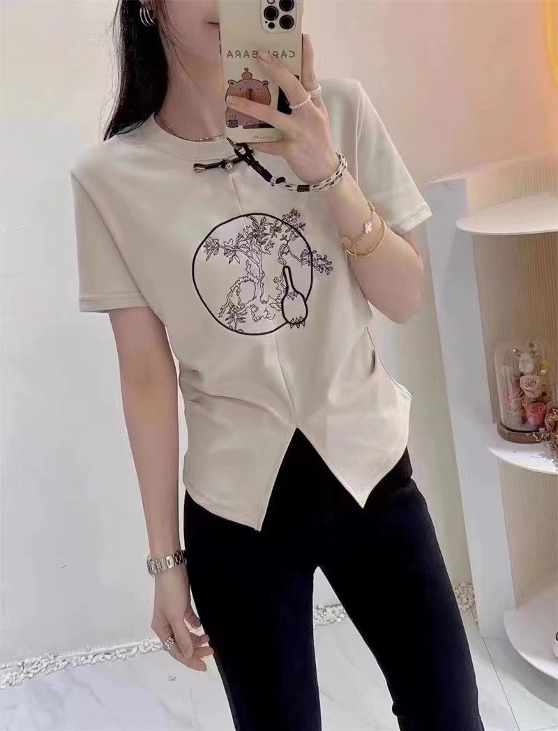 盤扣立領蝴蝶印花圖案短袖T恤女2024夏季新款洋氣時尚短款上衣潮