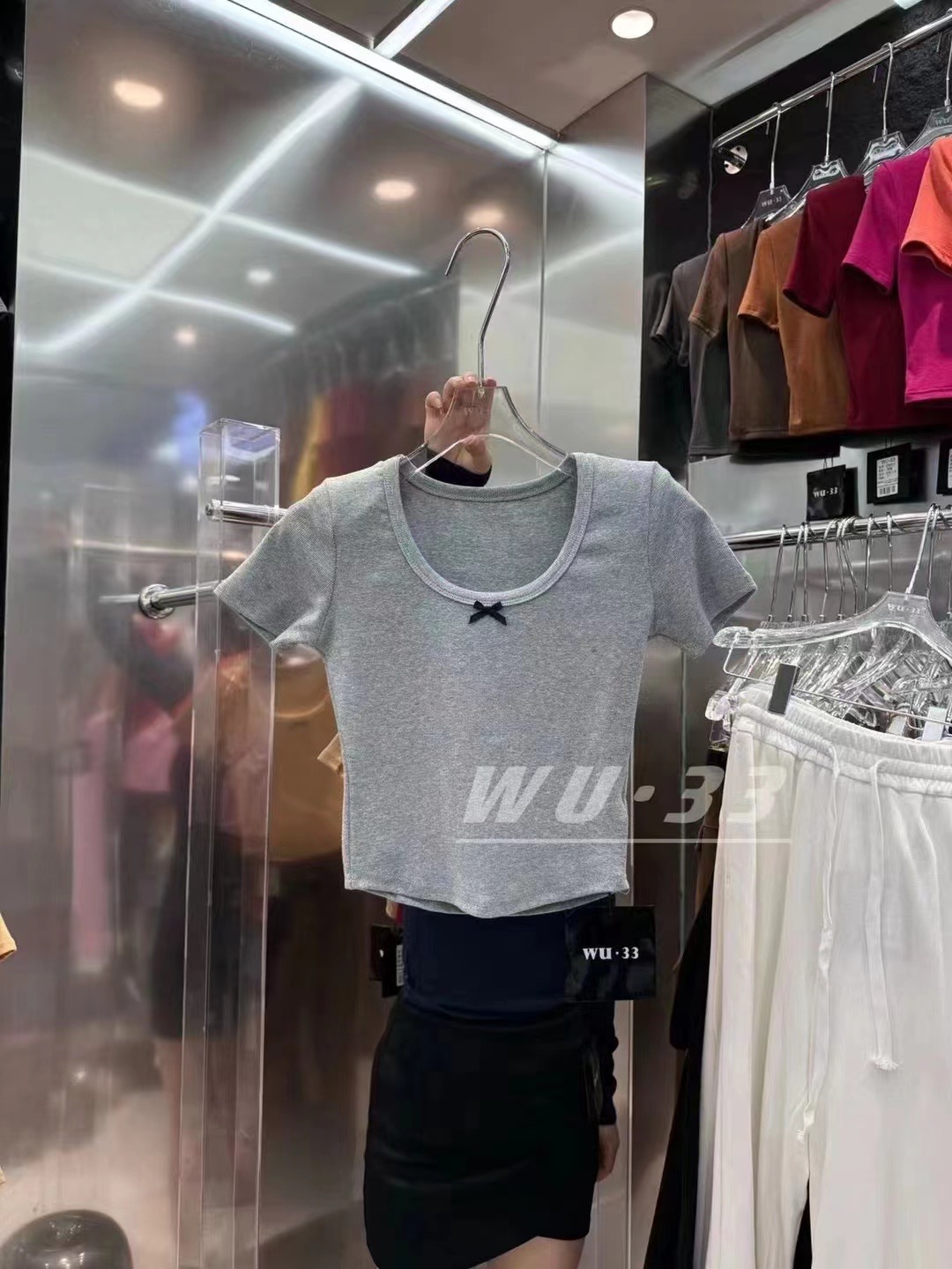wu33早春2024方領蝴蝶結裝飾舒適螺紋棉短袖T恤辣妹短款打底衫女