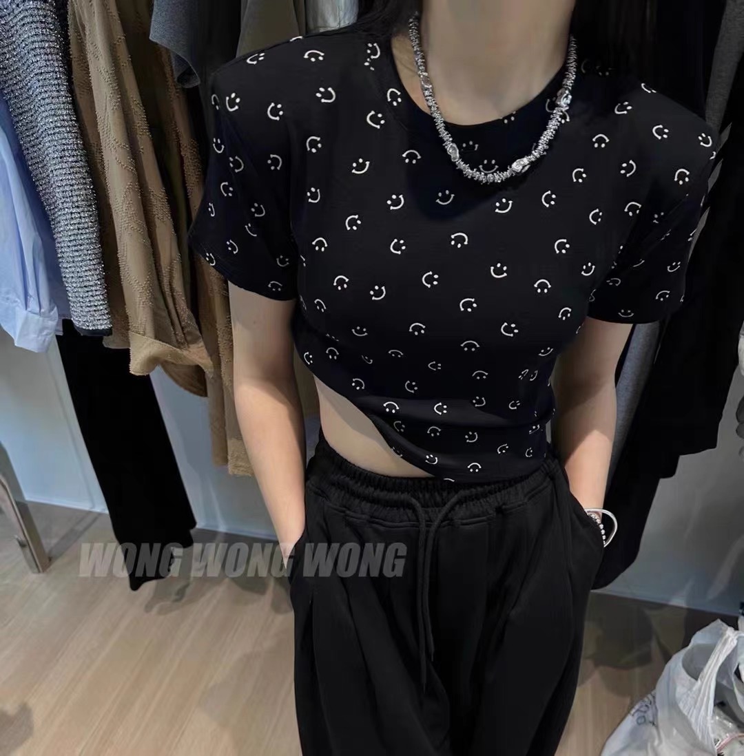 韓版復古辣妹新款時髦笑臉短裝T恤2024慵懶風圓領百搭短袖T恤