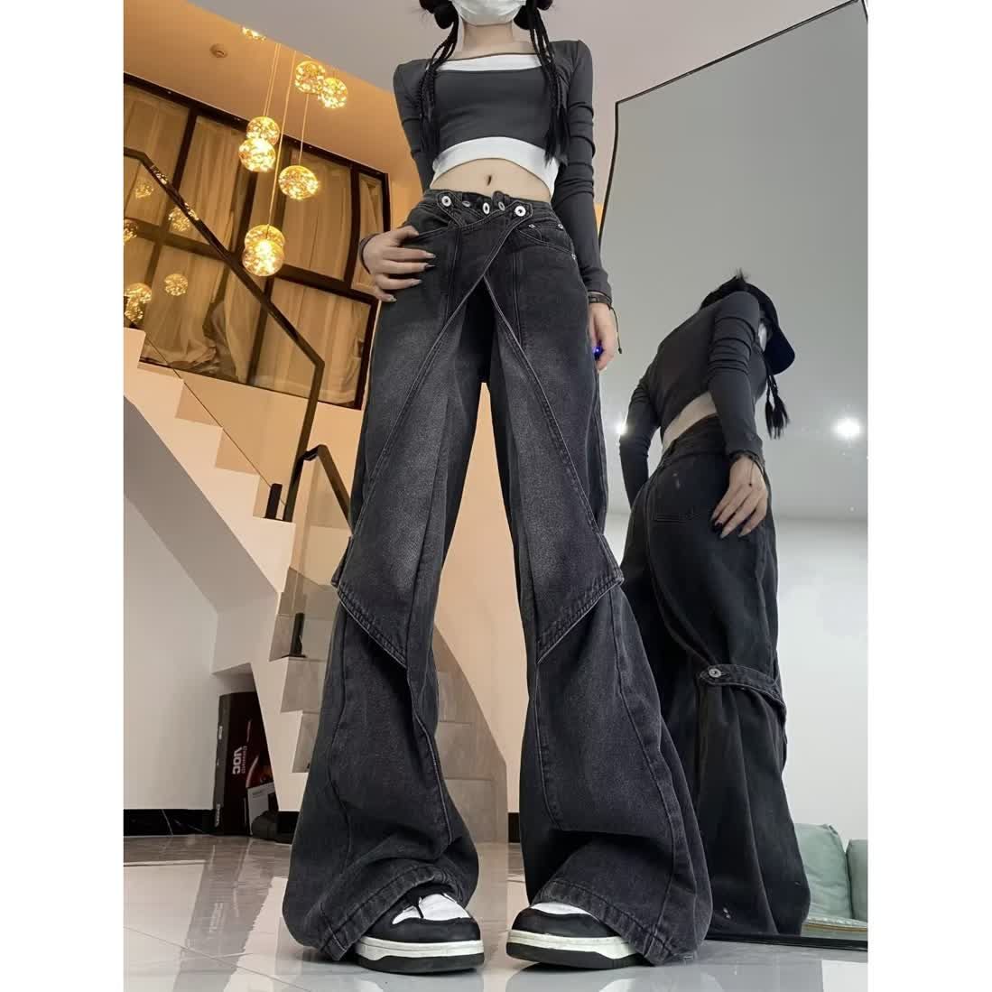 美式高級感拼接重磅牛仔褲女高街闊腿垂感直筒百搭長褲