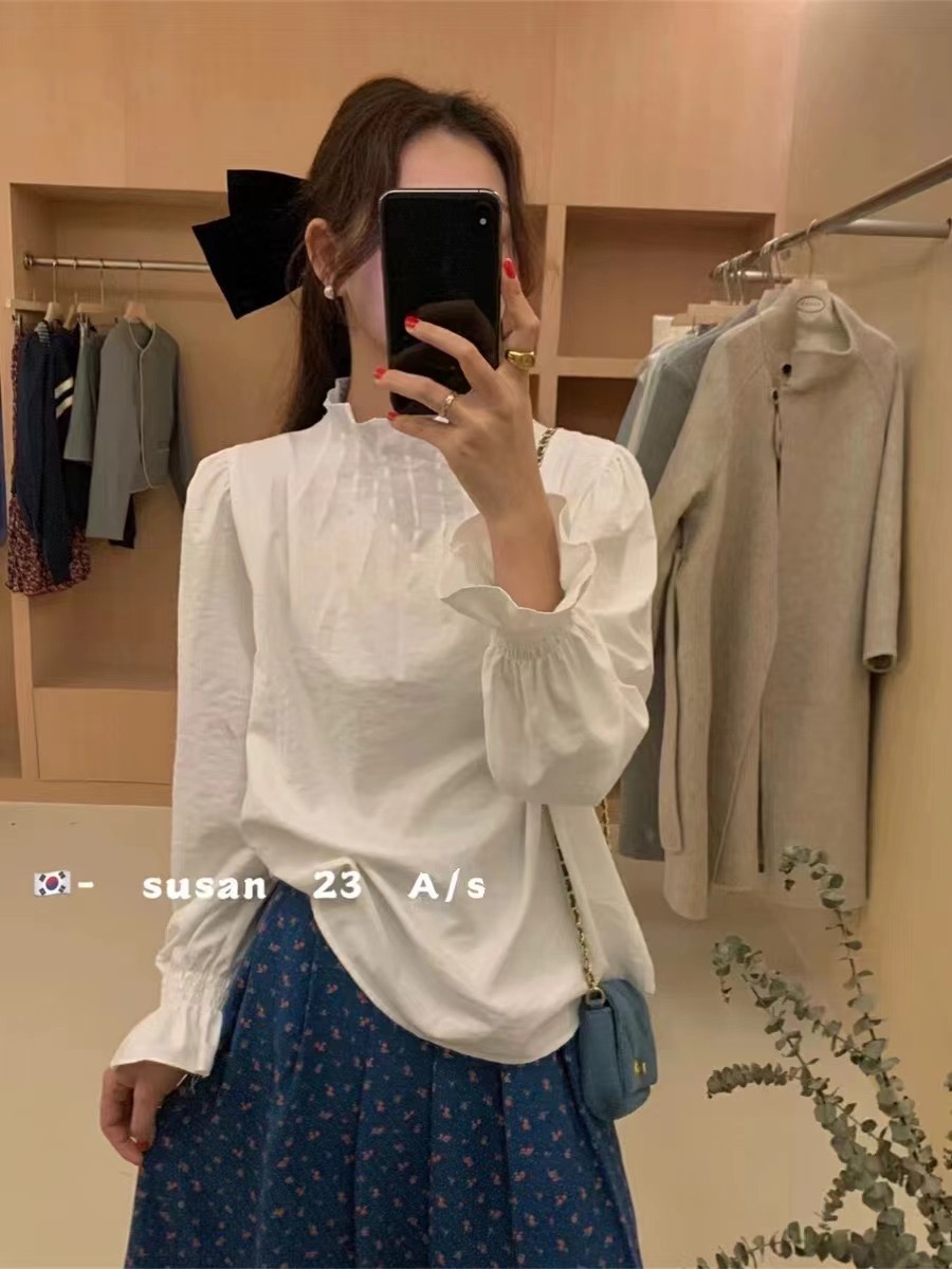 法式高級感褶皺內搭打底襯衫女設計感小眾泡泡袖寬鬆百搭長袖上衣
