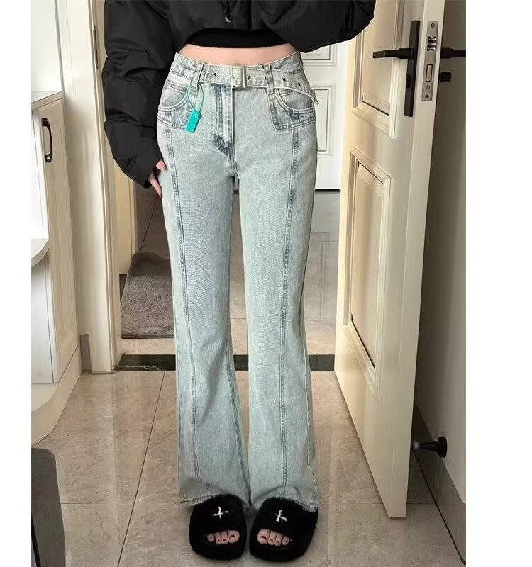 復古淺色高腰闊腿喇叭牛仔褲女直筒寬鬆顯瘦高街垂感微喇拖地褲子