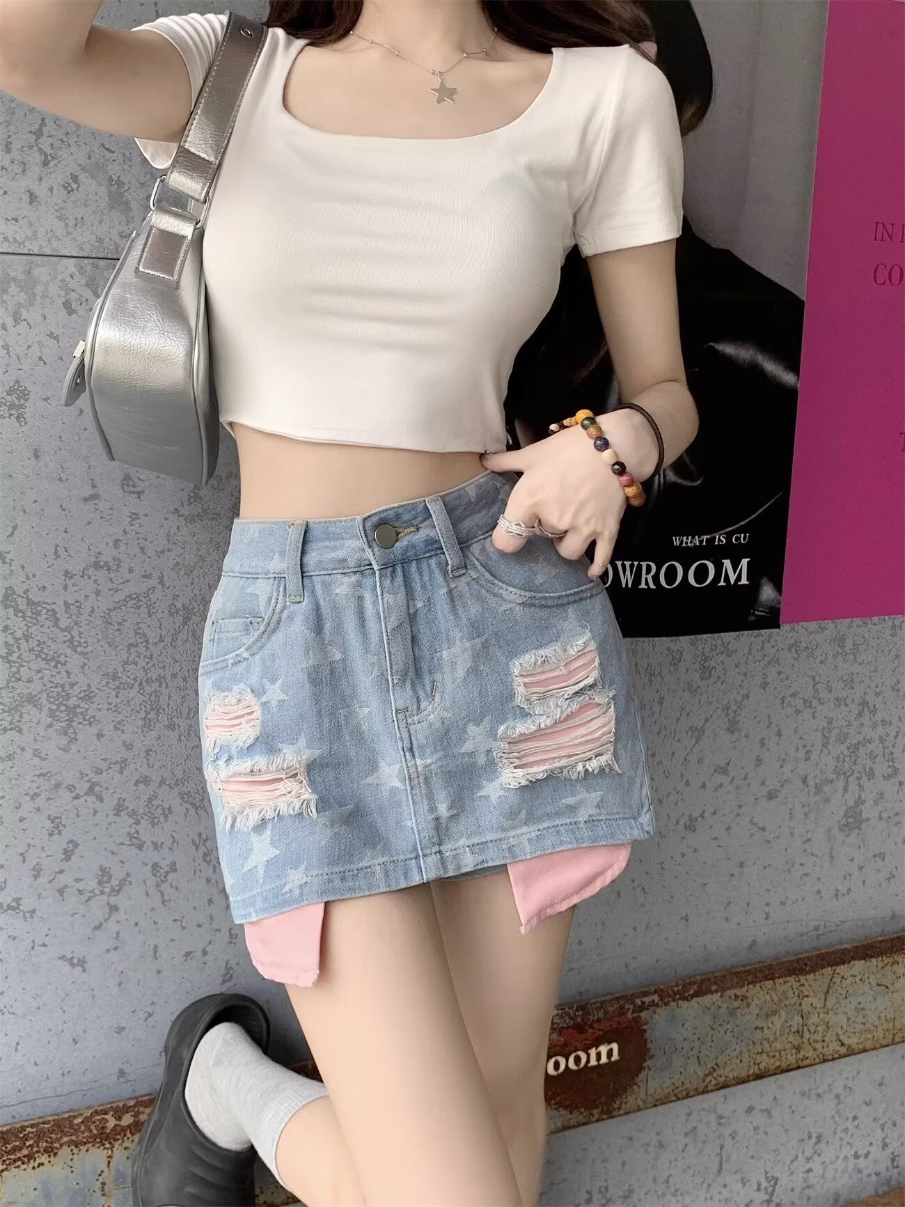 新款小個子高腰顯瘦破洞牛仔a字闊腿短褲包臀褲女裝夏季潮