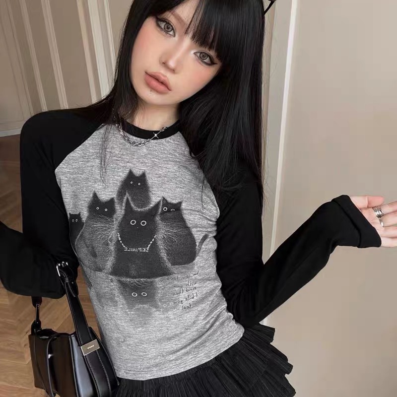 已出貨 貓咪印花長袖T恤女春季修身內搭打底衫辣妹黑色上衣