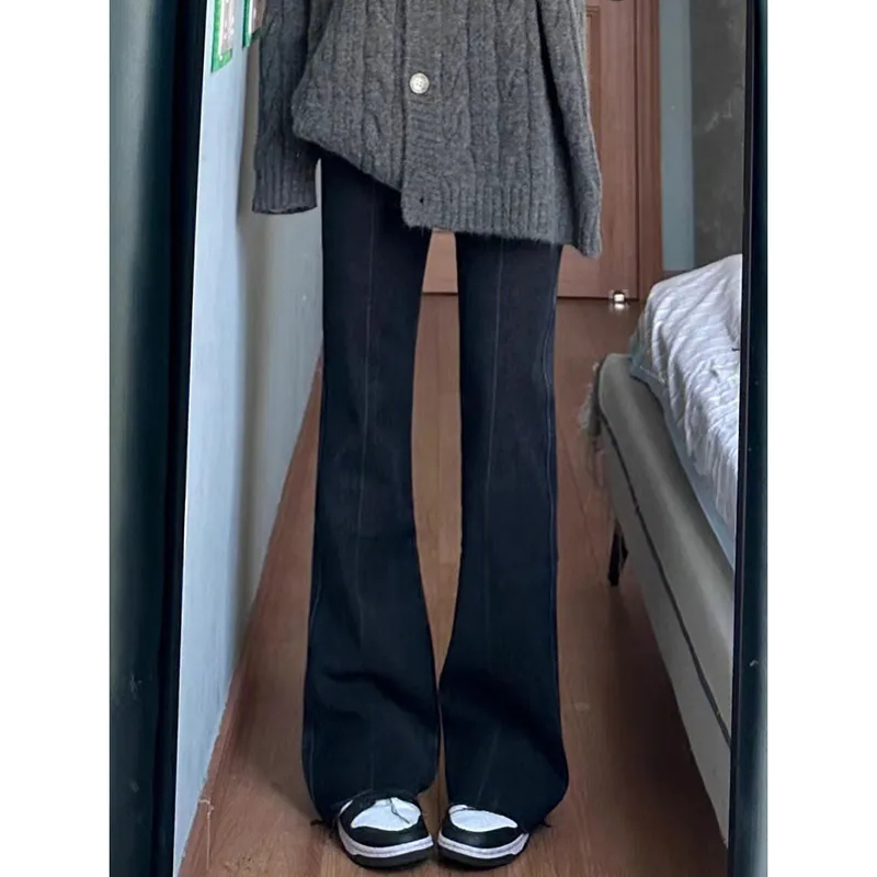 vibe美式高街黑色直筒微喇叭牛仔褲女2024新款復古高腰顯瘦長褲子