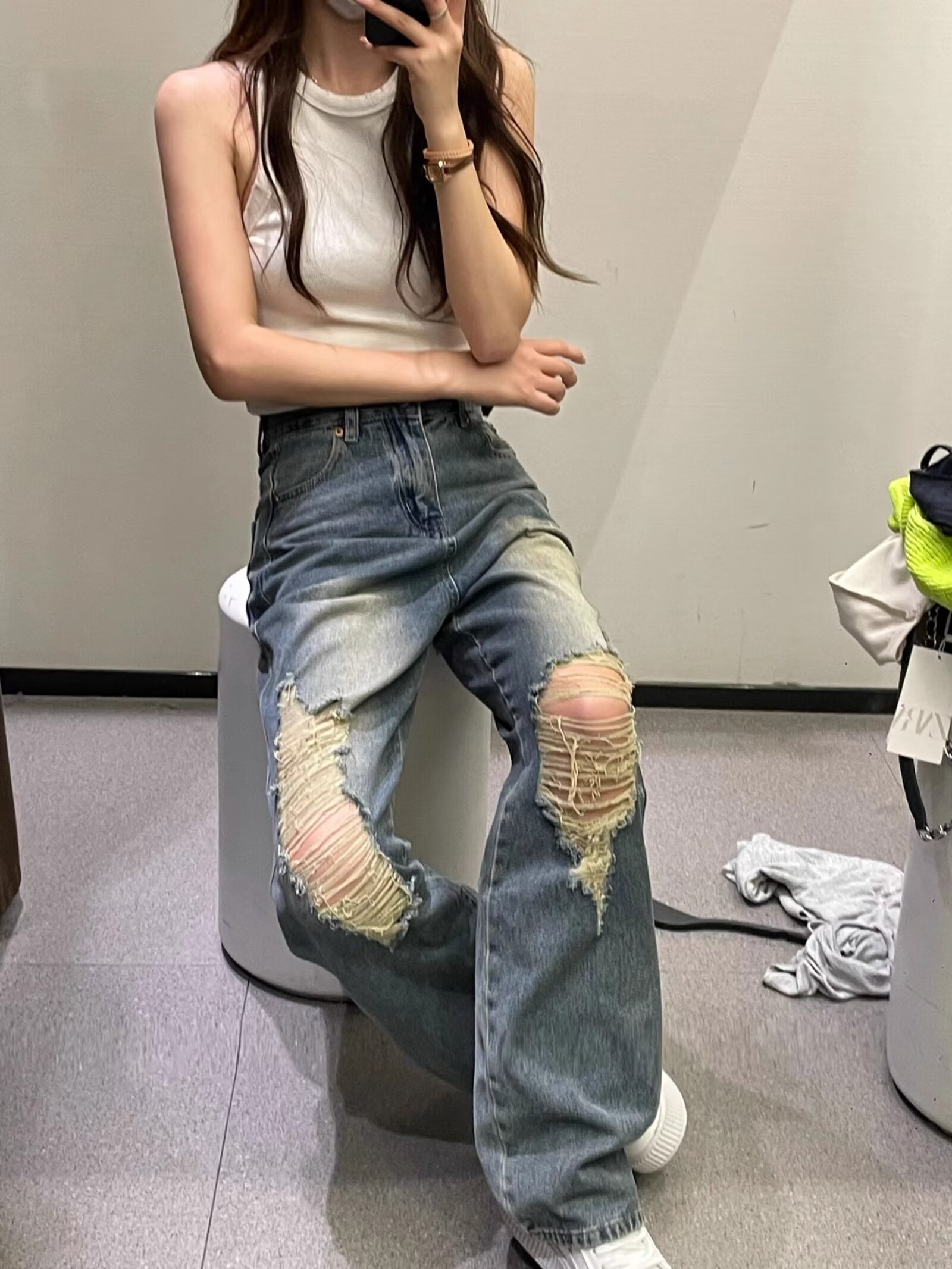 美式復古破洞直筒牛仔褲女春秋新款高街高腰顯瘦寬鬆闊腿褲子