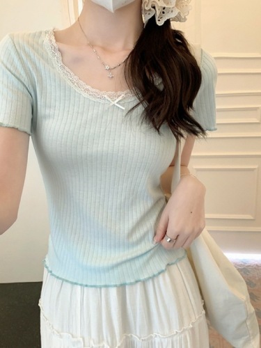 纯欲甜辣妹蓝色蕾丝短袖T恤女夏季打底衫修身内搭短款绝美上衣