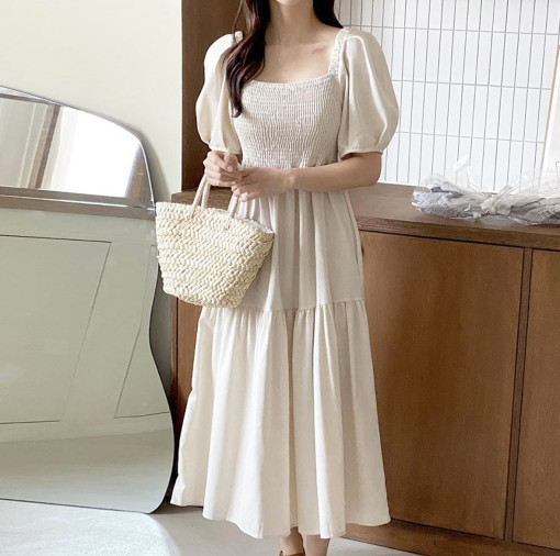 The size has been updated chic Korean style summer French style square neck waist slimming puff sleeve dress