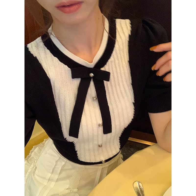 MissAB蝴蝶結撞色針織衫女夏Lisa同款設計感白色蕾絲花邊短裙套裝