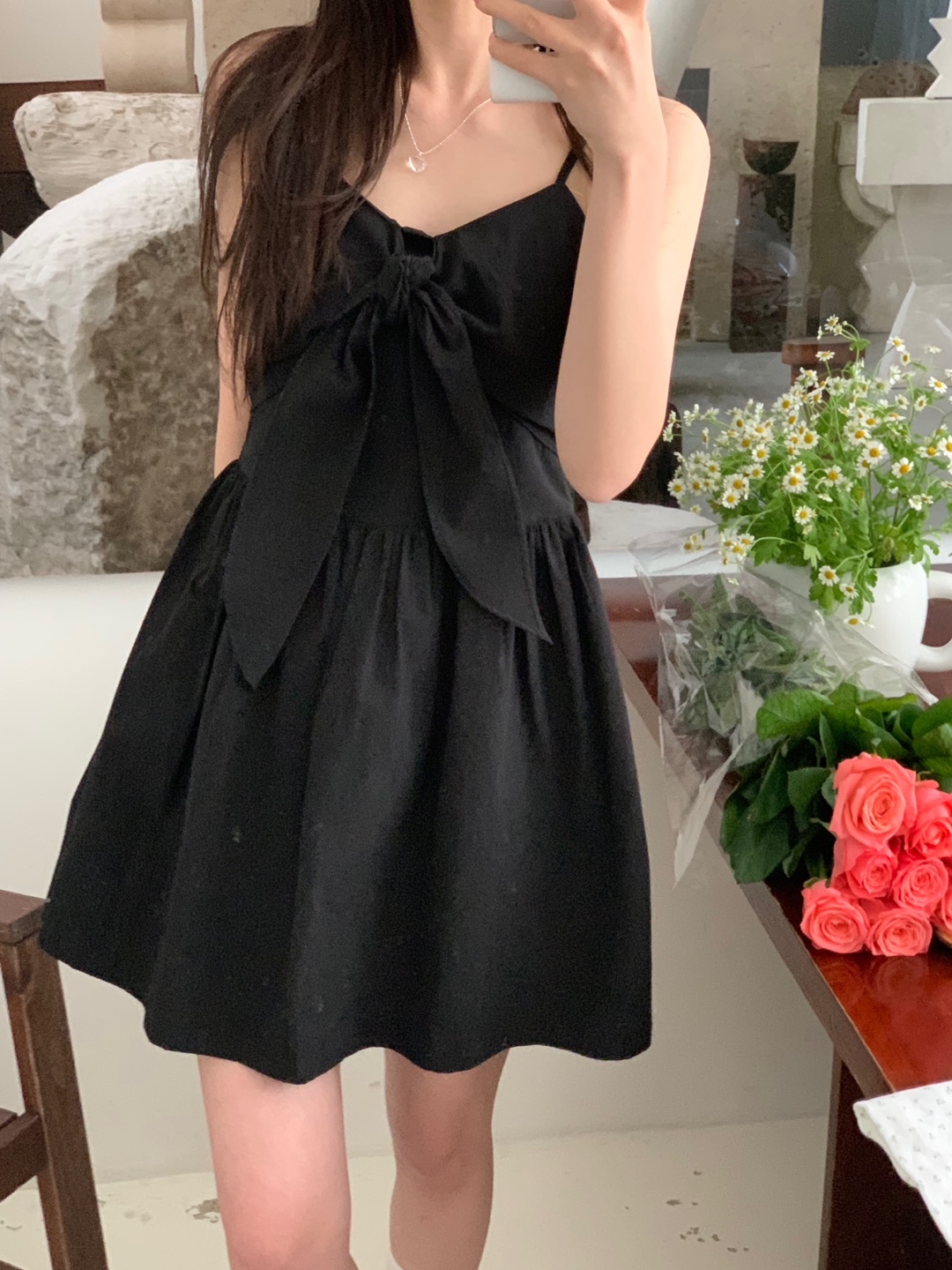 Korean chic French style small fresh niche design knotted casual slim suspender dress