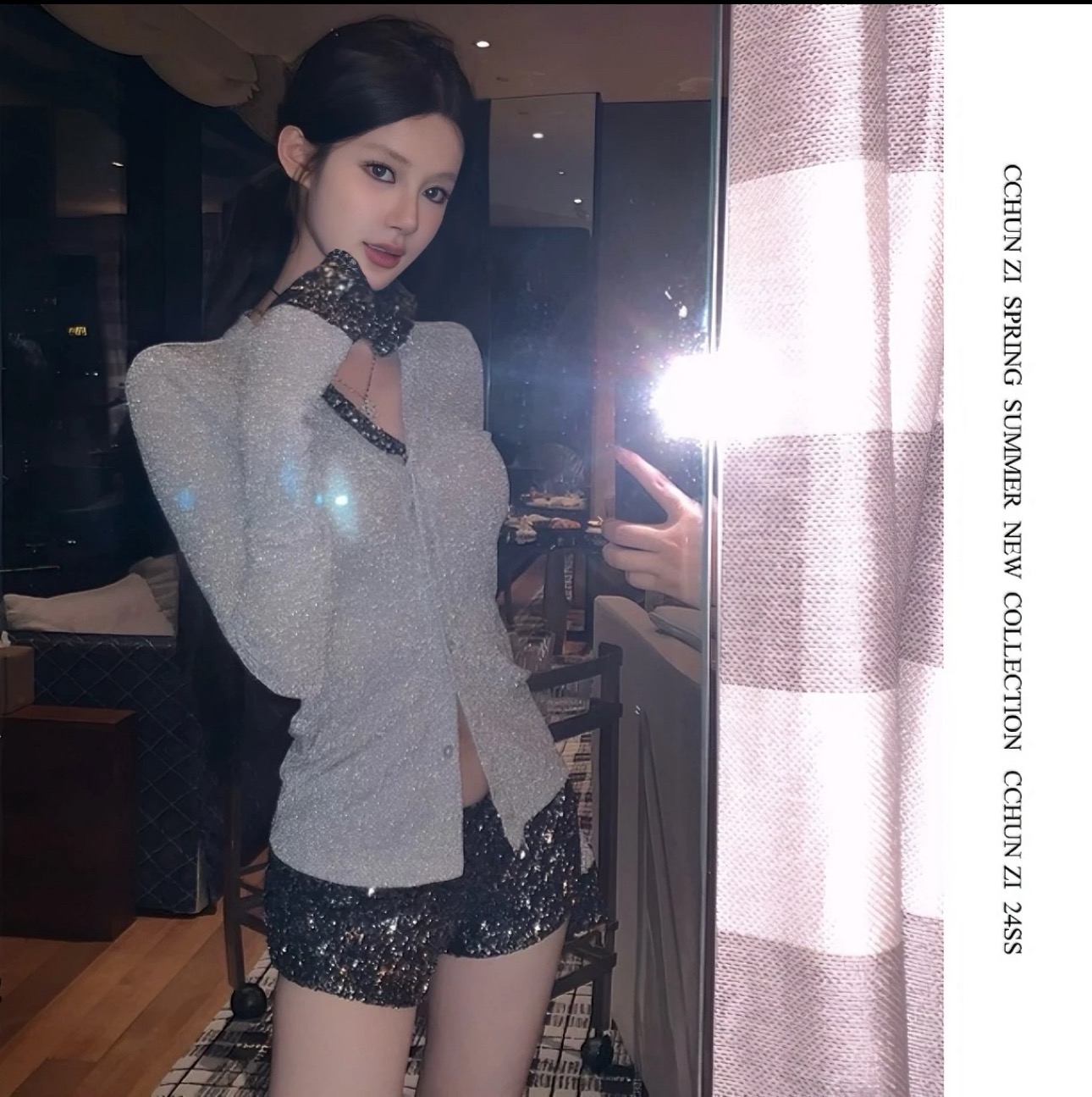 STRIVE/尤美子 胖mm純欲辣妹設計感拼接襯衫女春名媛亮片上衣