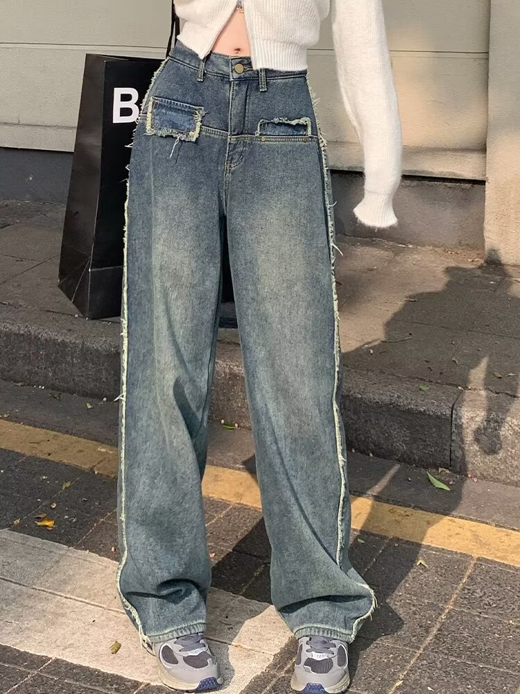復古闊腿牛仔褲女春夏2024年新款高腰顯瘦垂感窄版直筒褲子女春秋