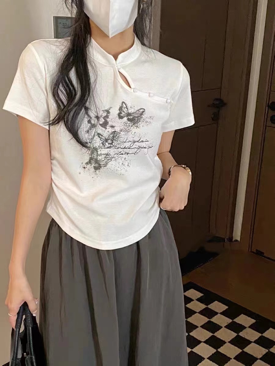 盤扣立領蝴蝶印花圖案短袖T恤女2024夏季新款洋氣時尚短款上衣潮