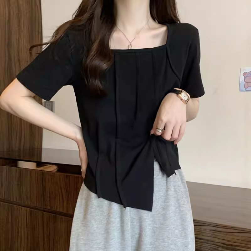 不規則開叉黑色方領正肩短袖t恤女大碼夏季辣妹純棉修身短款上衣