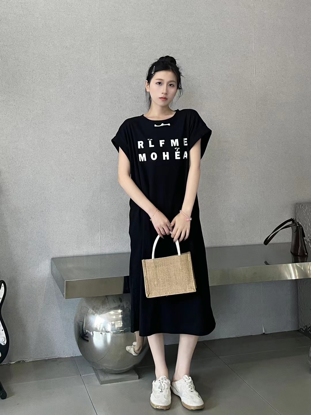 印花字母盤扣圓領短袖t恤裙女2024夏裝新款新中式寬鬆休閒連衣裙