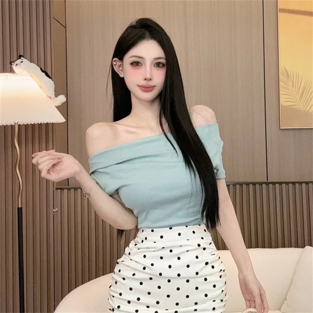 一字肩不規則短袖T恤女裝夏季設計感小眾打底衫緊身顯瘦短款上衣
