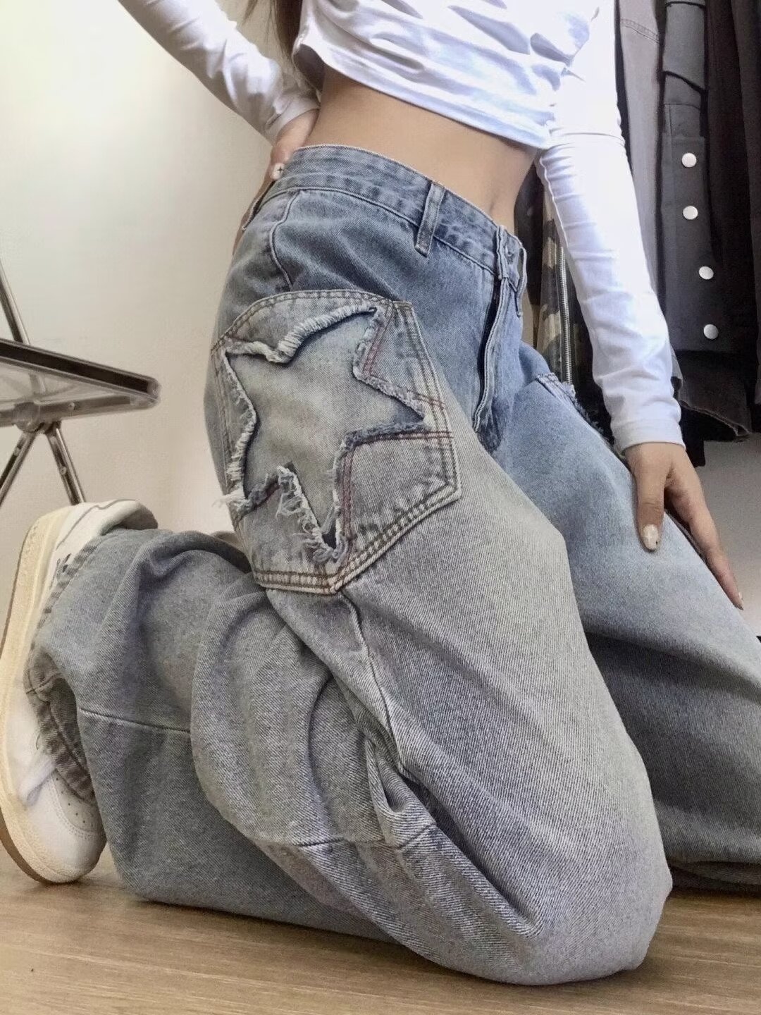 美式街頭貼布牛仔褲女夏季大碼胖mm設計感刺繡星星直筒休閒闊腿褲