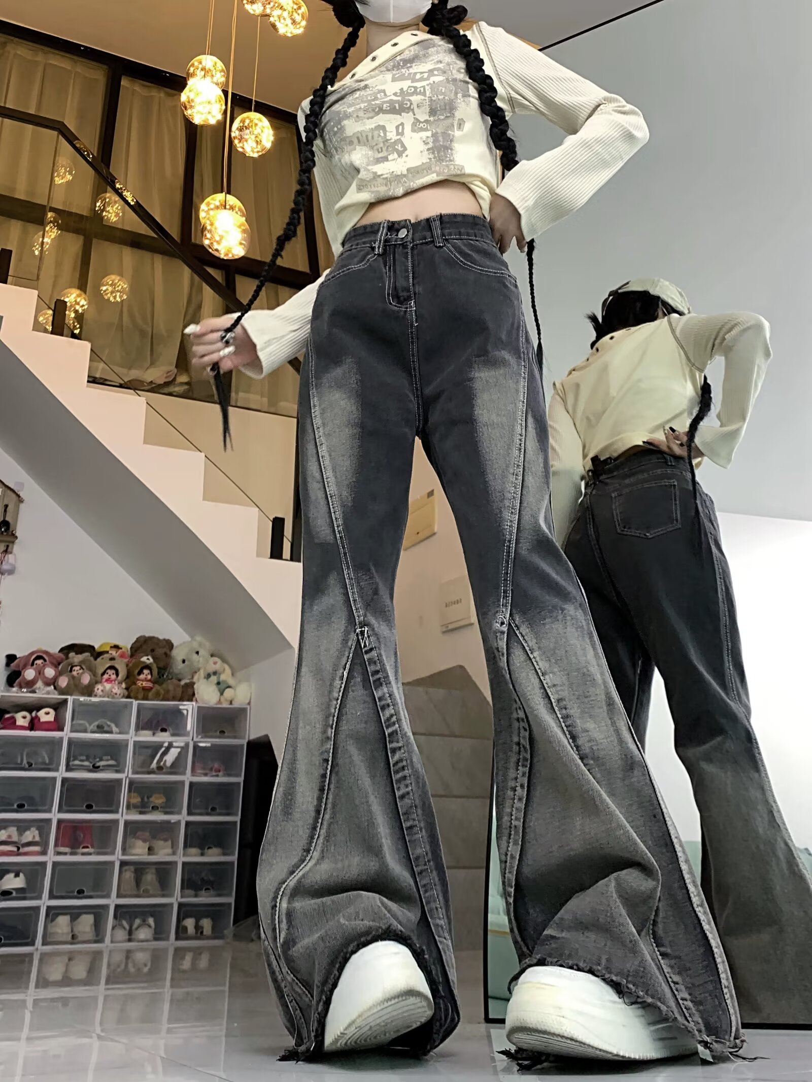 High street black and gray washed gradient jeans for women in spring American retro niche design high waist raw edge flared pants