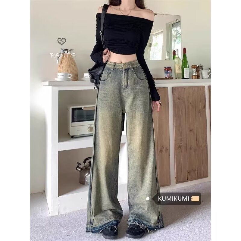 闊腿牛仔褲女高腰寬鬆直筒修身顯瘦春夏時尚百搭休閒復古牛仔褲