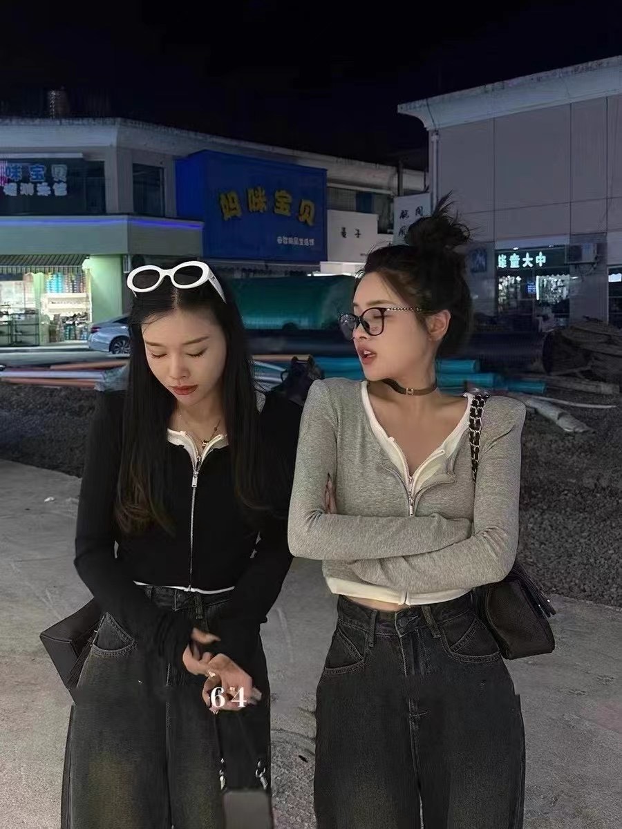 韓國秋裝新款時尚簡約假兩件拉鏈短款修身韓版長袖打底衫上衣