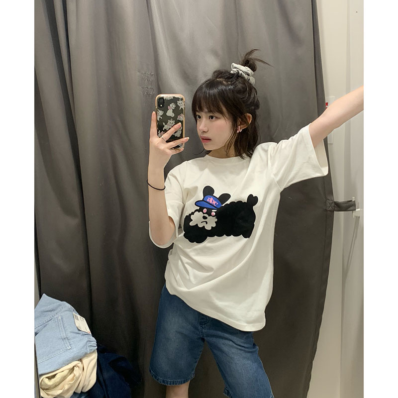 印花圓領短袖t恤女夏季寬鬆中長款上衣潮
