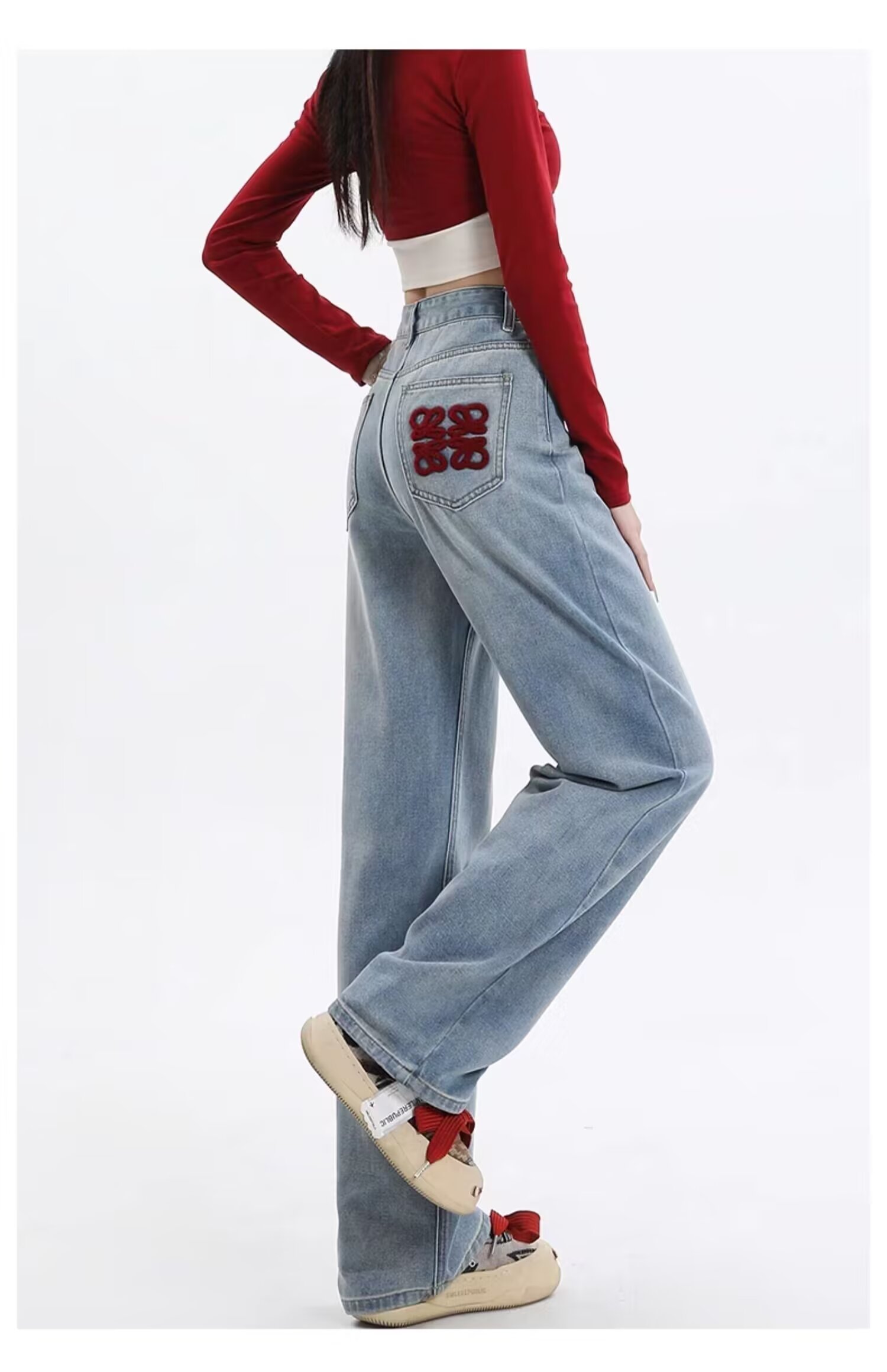 口袋刺繡窄版牛仔闊腿褲女2024春夏高腰寬鬆顯瘦直筒拖地褲