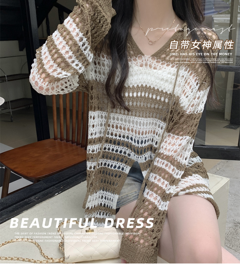 Sun protection clothing women's new shirt hooded loose striped blouse long-sleeved knitted hollow slit top summer