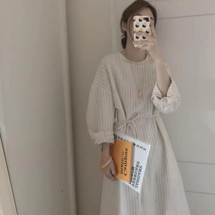 韓國ins春秋新款清爽極簡豎條紋連衣裙氣質中長款連衣裙女