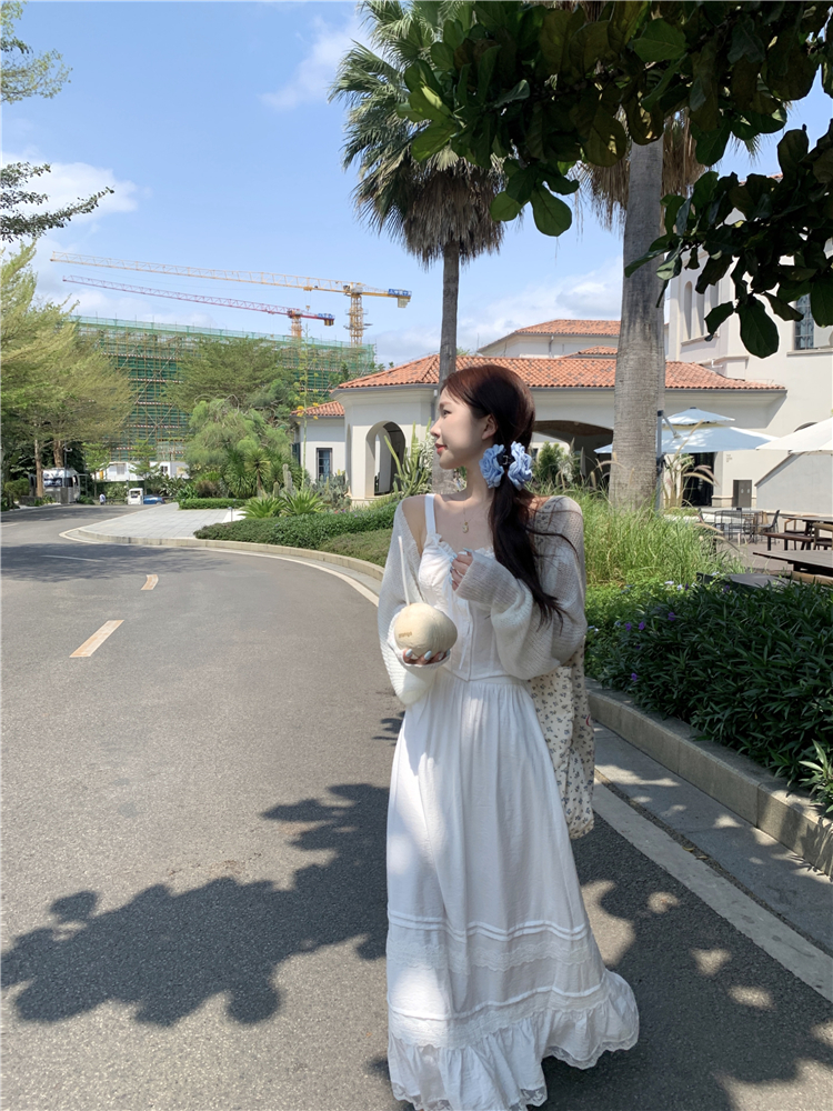 實拍~大碼白杏色寬鬆毛衣開衫+花邊拼色吊帶+A字半身長裙套裝