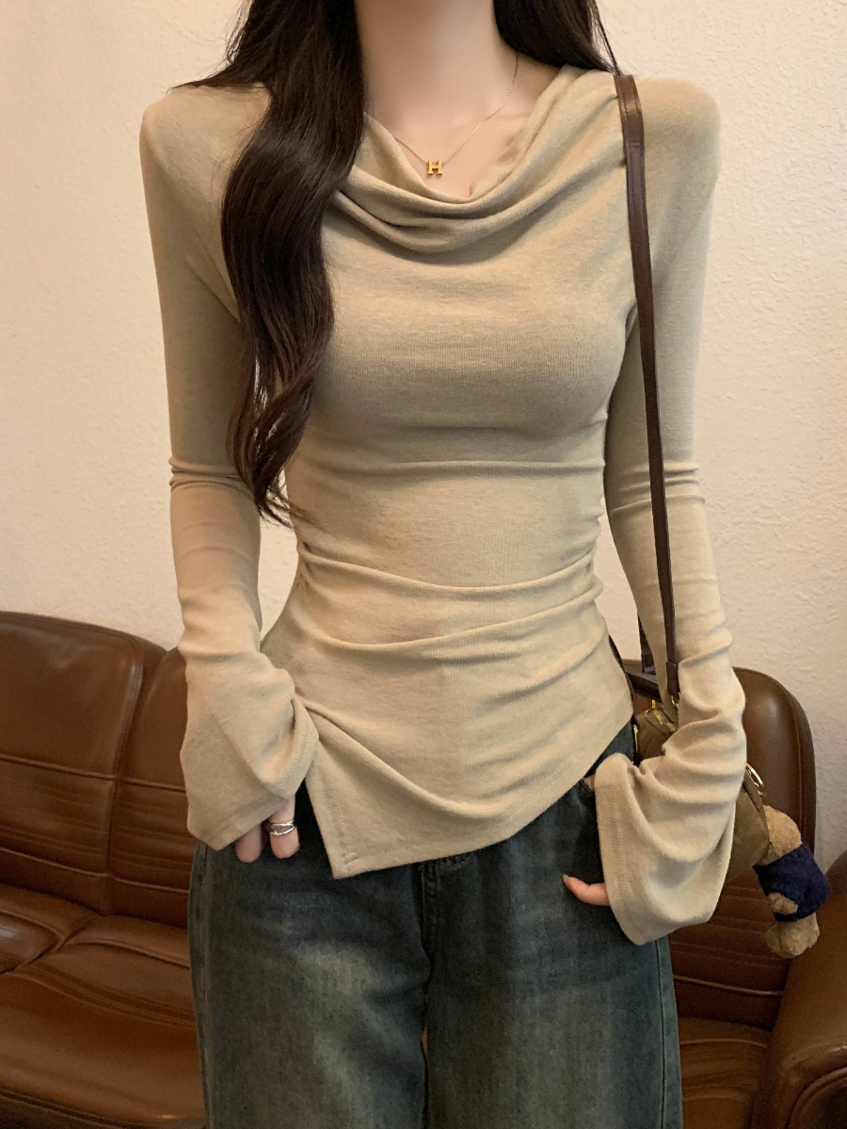 長袖T恤女盪領春秋內搭打底衫熱辣美式春季修身性感不規則上衣服