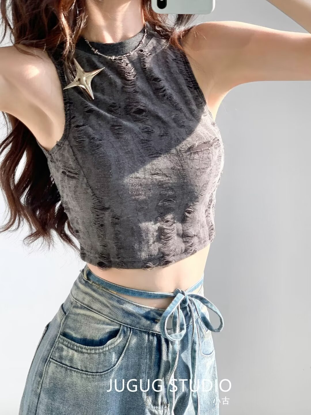 已出貨 美式復古辣妹風吊帶背心女設計感露臍內搭外穿無袖上衣