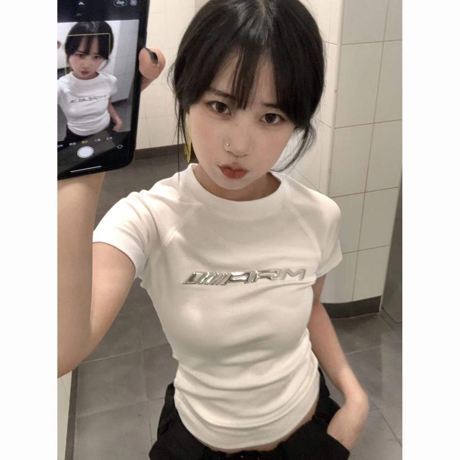 純棉 原版質量 液態金屬印花修身短袖t恤女