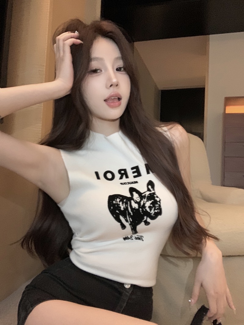 已出貨 小眾辣妹立領圖案印花針織背心內搭上衣夏季圓領休閒簡約