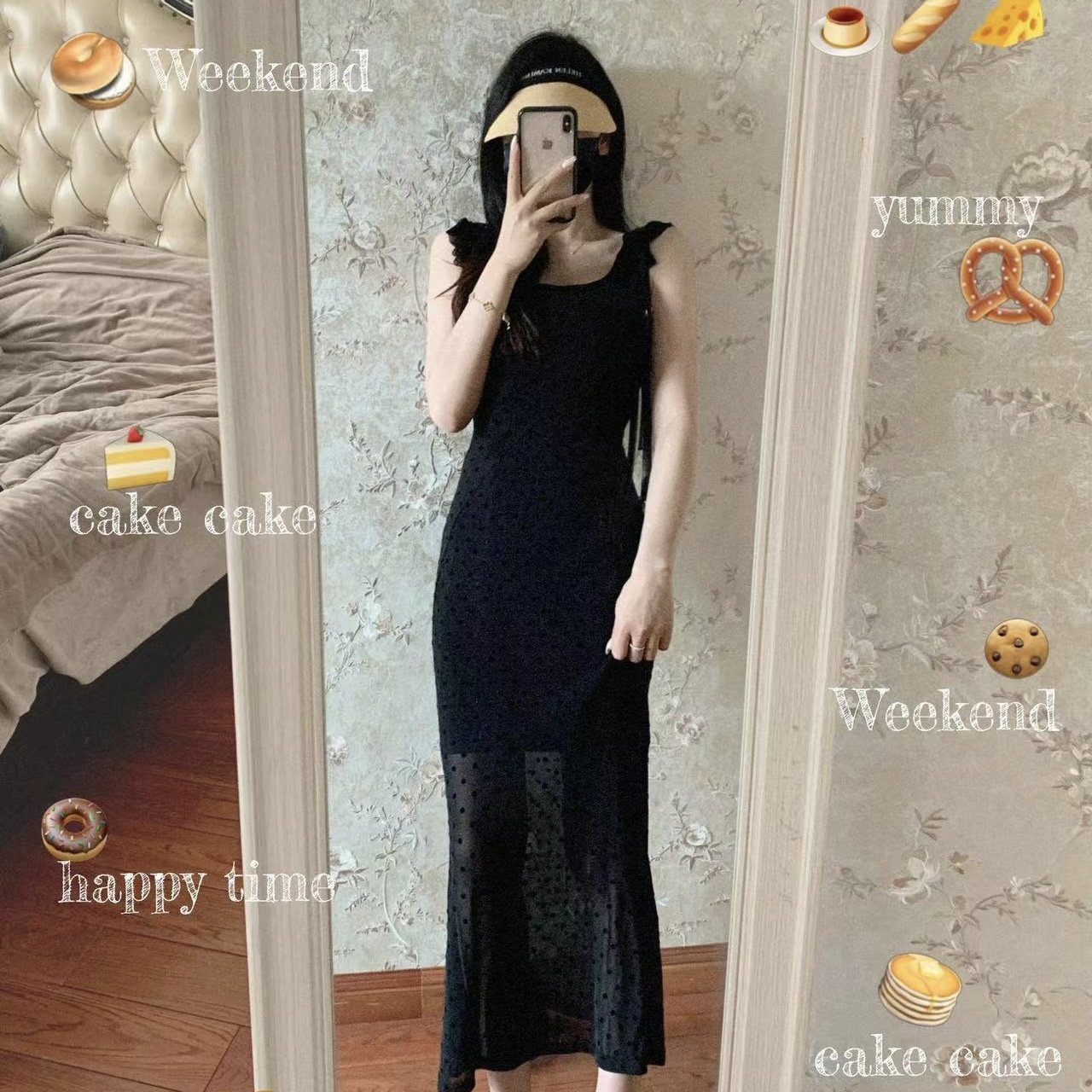 茶歇法式黑色吊帶連衣裙子女夏季2024新款修身顯瘦波點氣質長裙子
