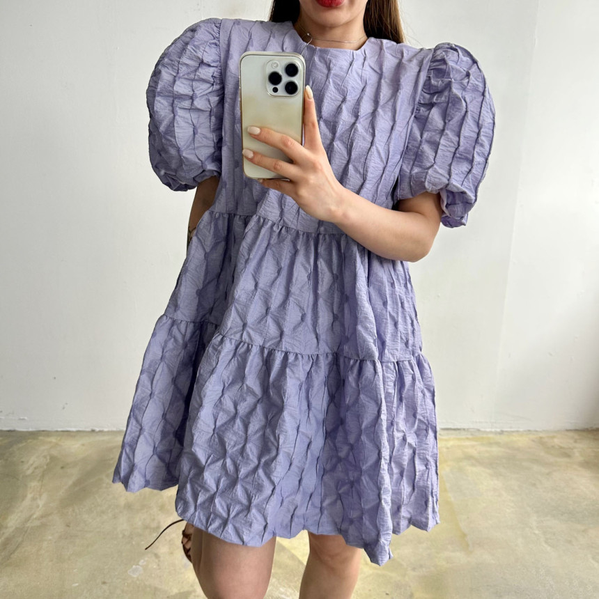 Size update chic Korean style summer sweet and fashionable pleated textured puff sleeve dress