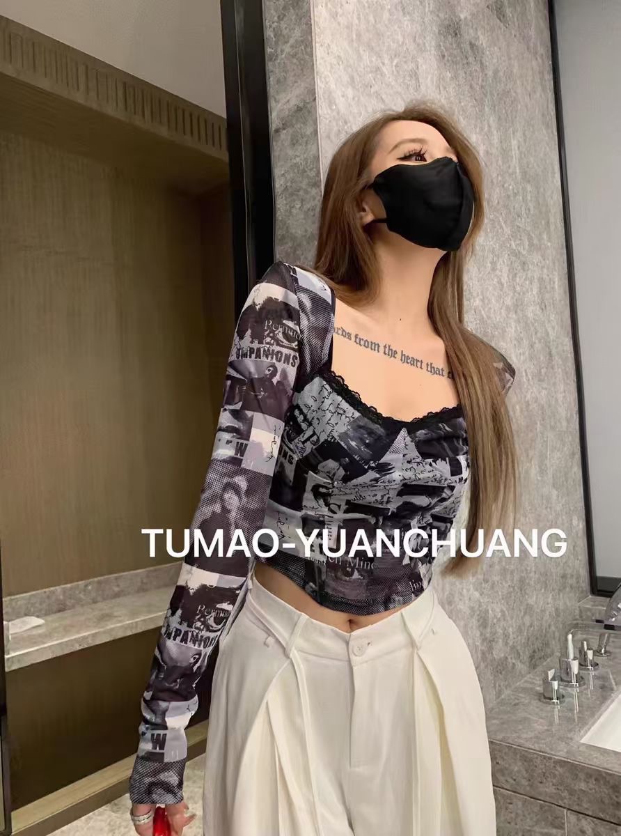 TUMAO 2024春季新款韓版設計塗鴉網紗花邊拼接顯瘦打底上衣女