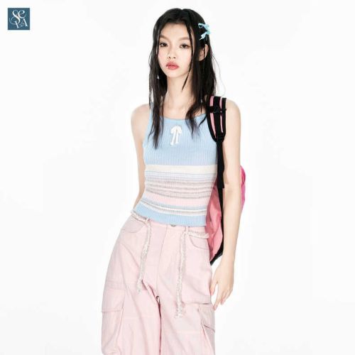 Sweet hot girl rainbow stripe contrasting color knitted camisole women's summer sweet slimming fashionable outer wear top