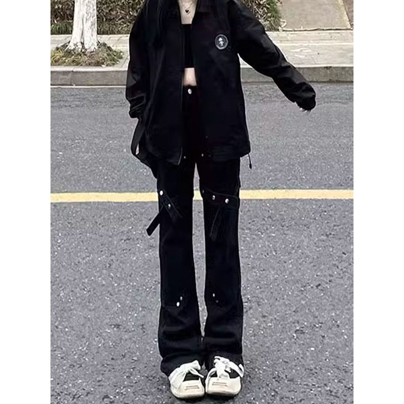 美式高街vibe風設計感綁帶工裝牛仔褲女小個子黑色直筒拖地長褲