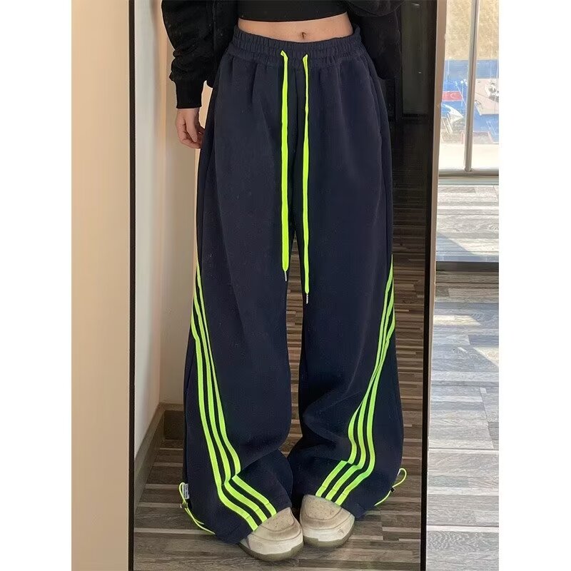 美式運動褲女2024春夏歐美高街褲子hiphop直筒闊腿衛褲女款