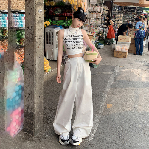 韩国设计感白色工装裤女夏多口袋中性抽绳宽松休闲裤街拍潮酷