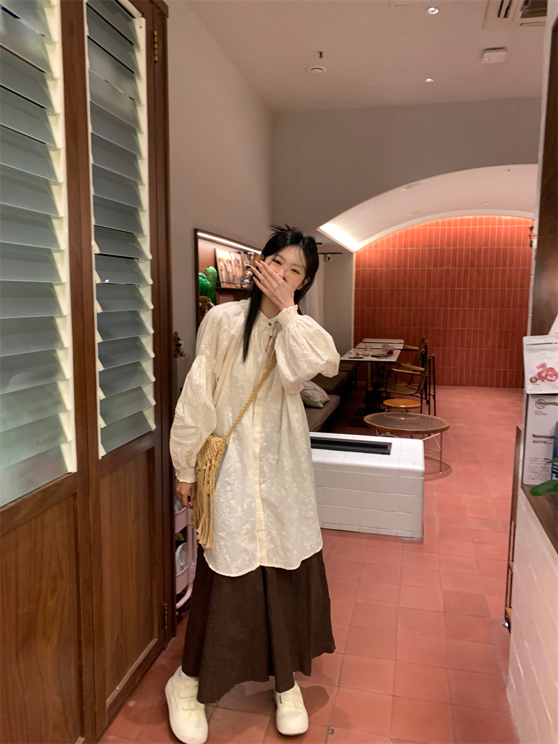 實拍~日系泡泡袖花邊領襯衫女法式奶系溫柔甜辣風上衣+褲子
